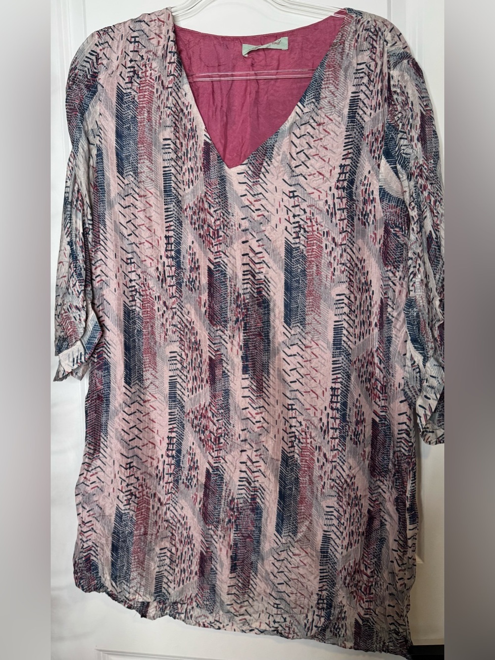 Geren Ford Pink Navy Abstract V-Neck Tunic 100% silk sz XL pastel